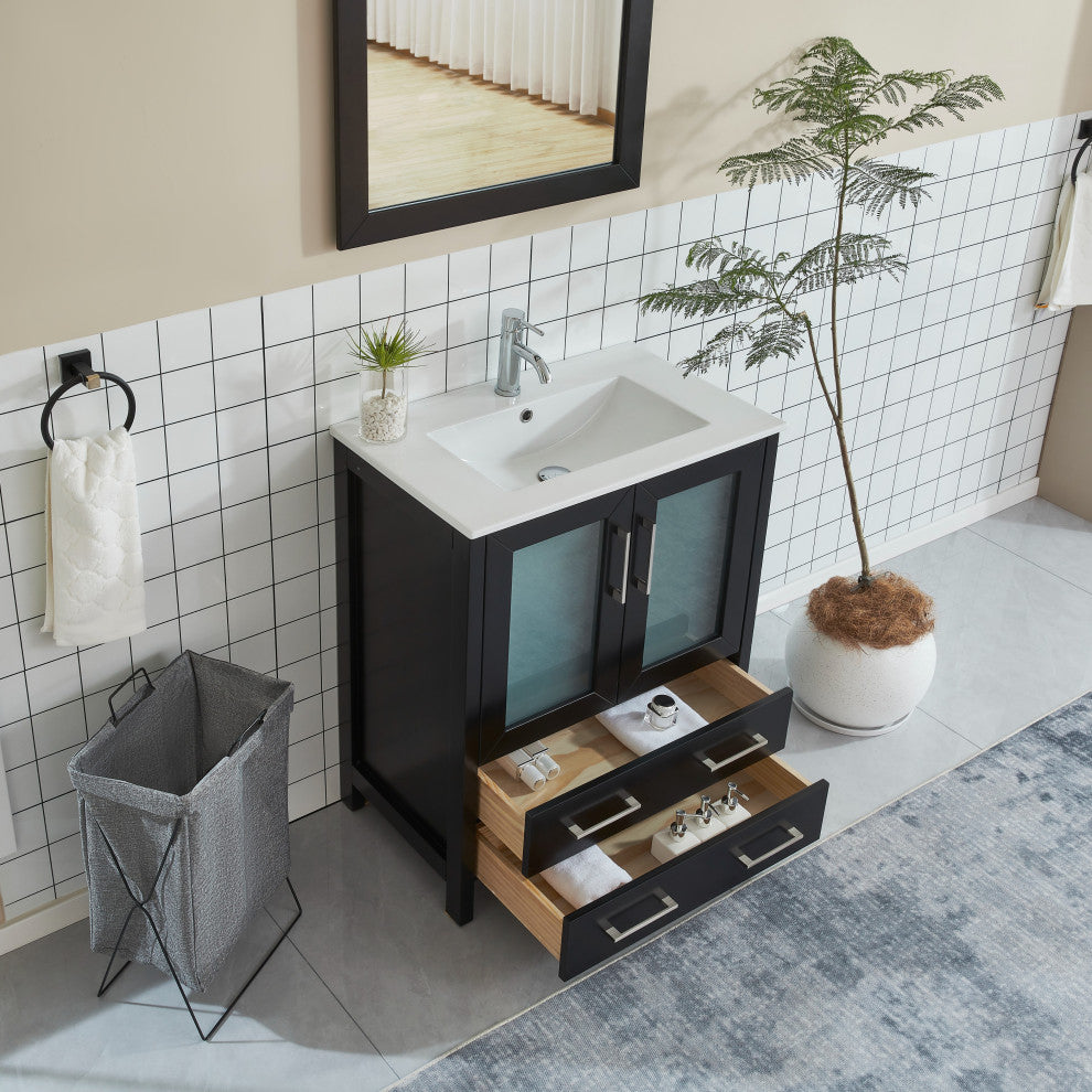 Vanity Art Single Vanity Set With Ceramic Top, 30", Espresso, Led Sensor-Switch Mirror