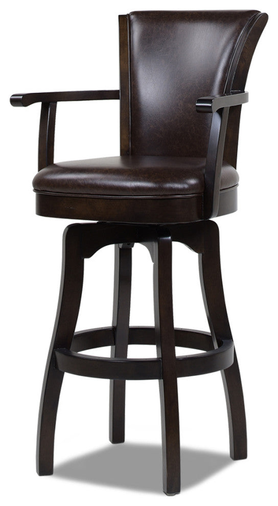 Williams Swivel Bar and Counter Stool With Armrests, Vintage Brown Faux Leather, Bar Height