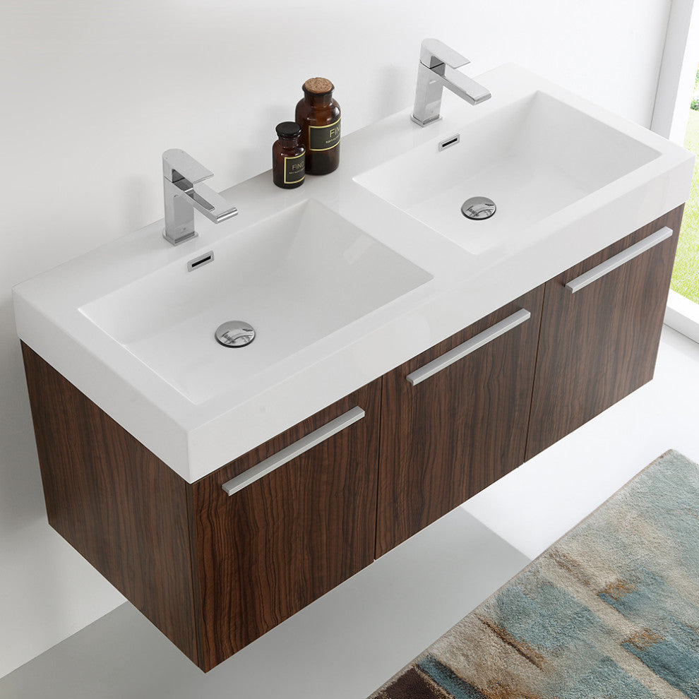 48" Walnut Wall Hung Double Sink Modern Bathroom Cabinet w/ Integrated Sink