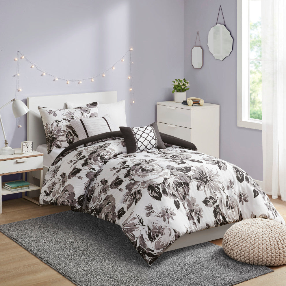 Intelligent Design Dorsey Black and White Floral Comforter Set