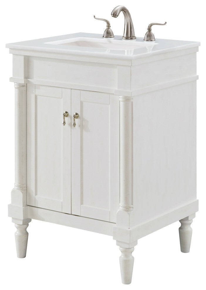 24" Single Bathroom Vanity, Antique White With Ivory White Engineered Marble