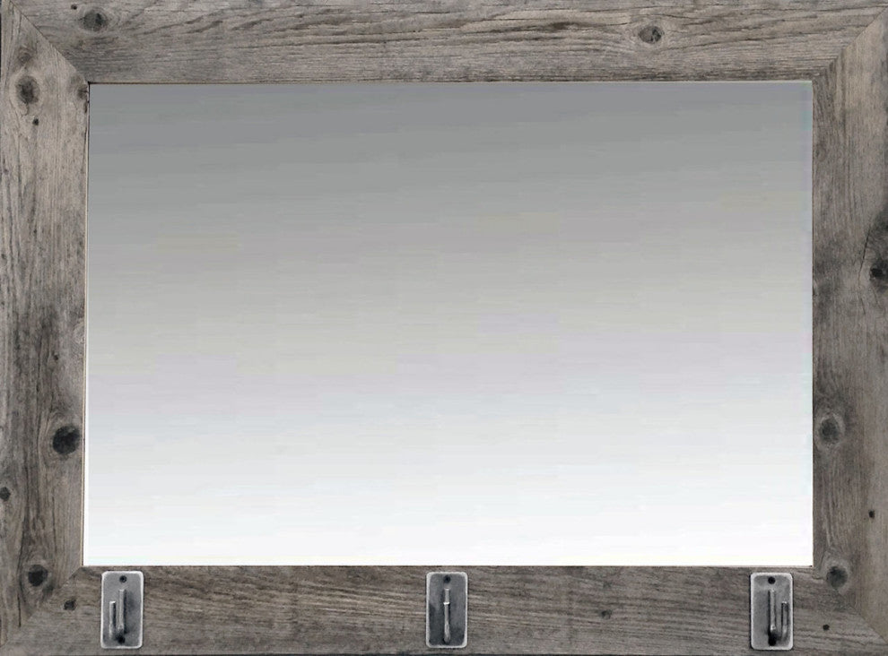 Rustic Mirror, Barnwood Style With Iron Hooks, 22"x26"