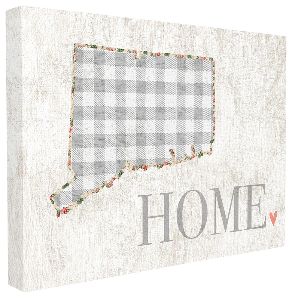 Connecticut Gray Gingham & Floral Heart & Home Canvas Wall Art, 16"x20"