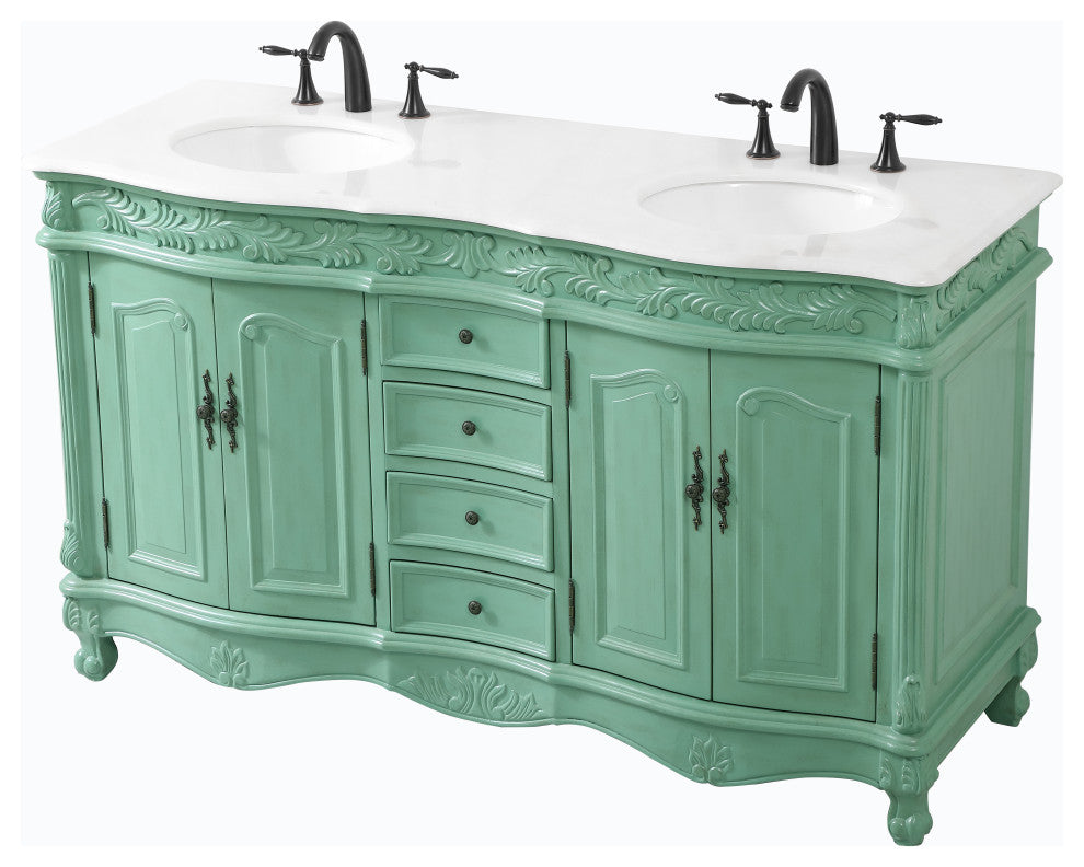 60" Double Bathroom Vanity, with Ivory White Engineered Marble in Vintage Mint