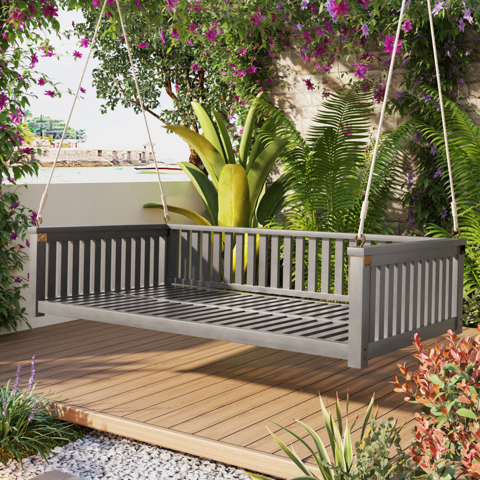 GDF Studio Acacia Wood Twin Size Garden Porch Swing Bed, Gray