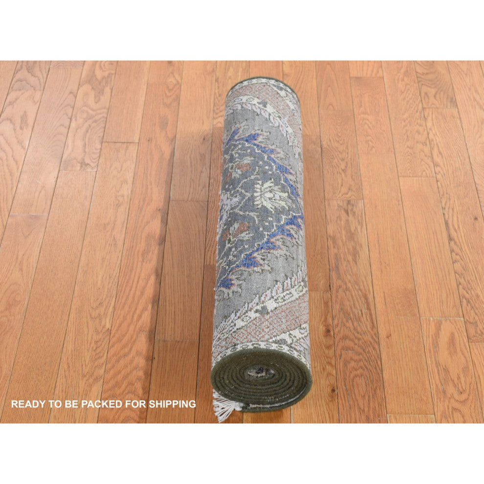 Storm Gray Mughal Design Silk With Wool Hand Knotted Runner Rug 2'6"x10'