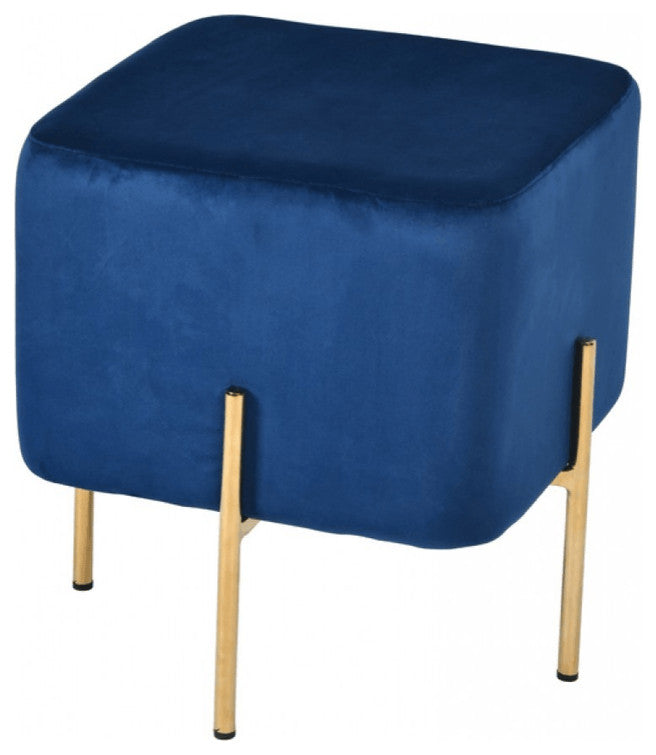 16" Blue Velvet And Gold Cube Ottoman