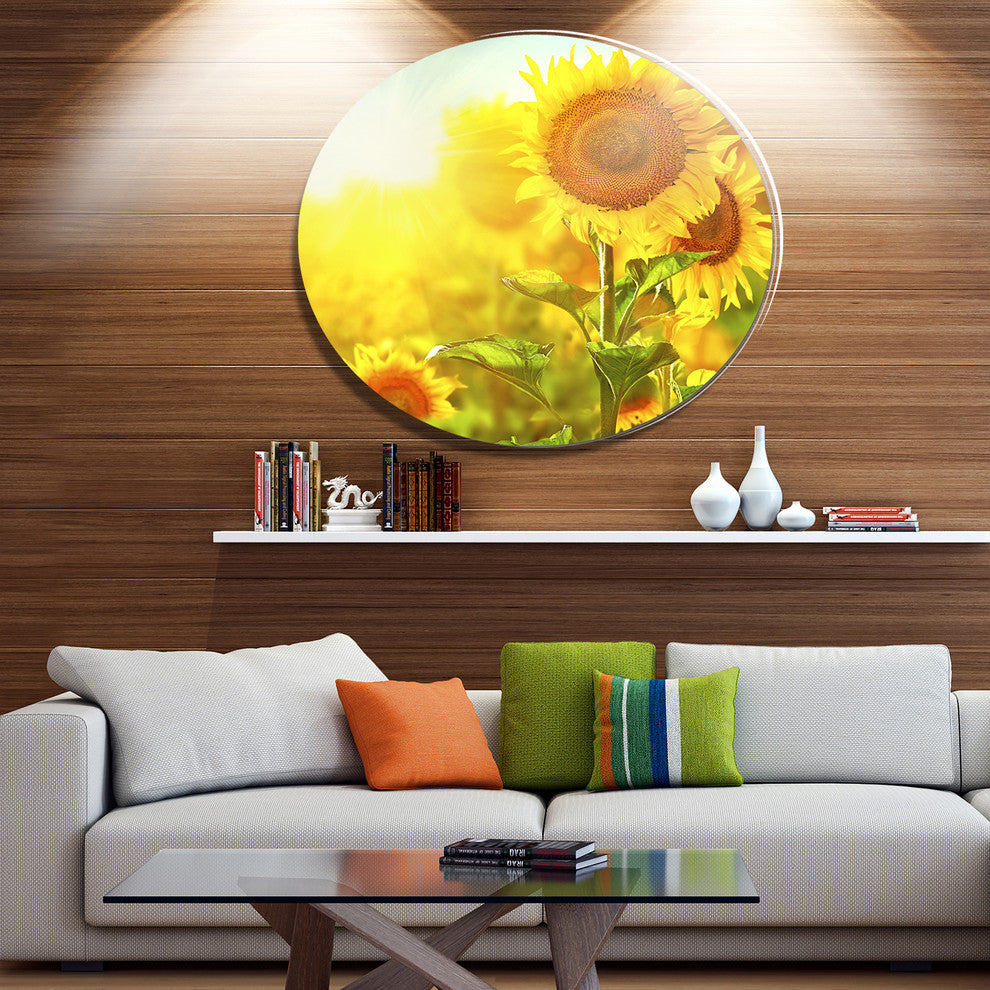 Bright Sunflowers Blooming On Field, Animal Disc Metal Artwork, 23"