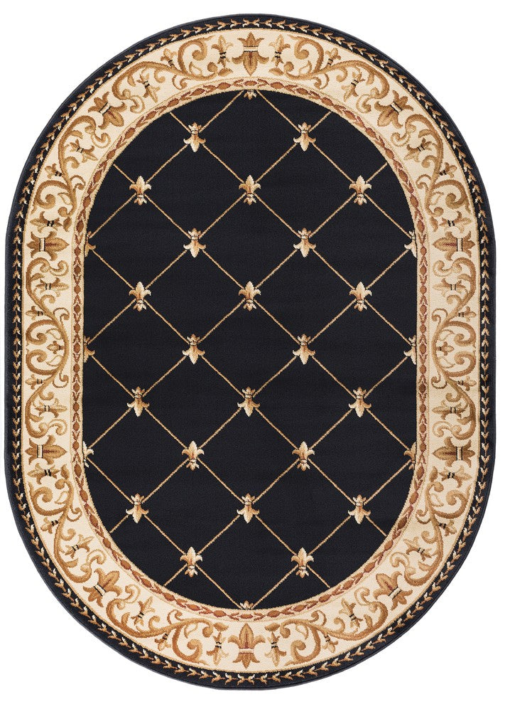 Orleans Traditional Border Area Rug, Black, 5'3"x7'3", Oval