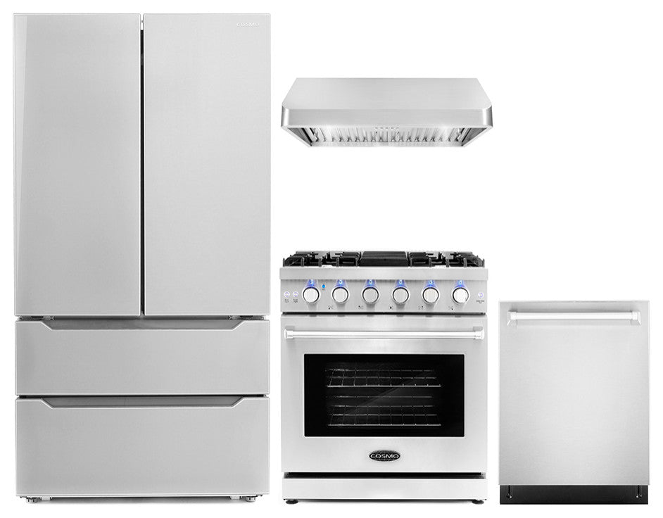 4-Piece, 30" Gas Range, 30" Range Hood, 24" Dishwasher and Refrigerator