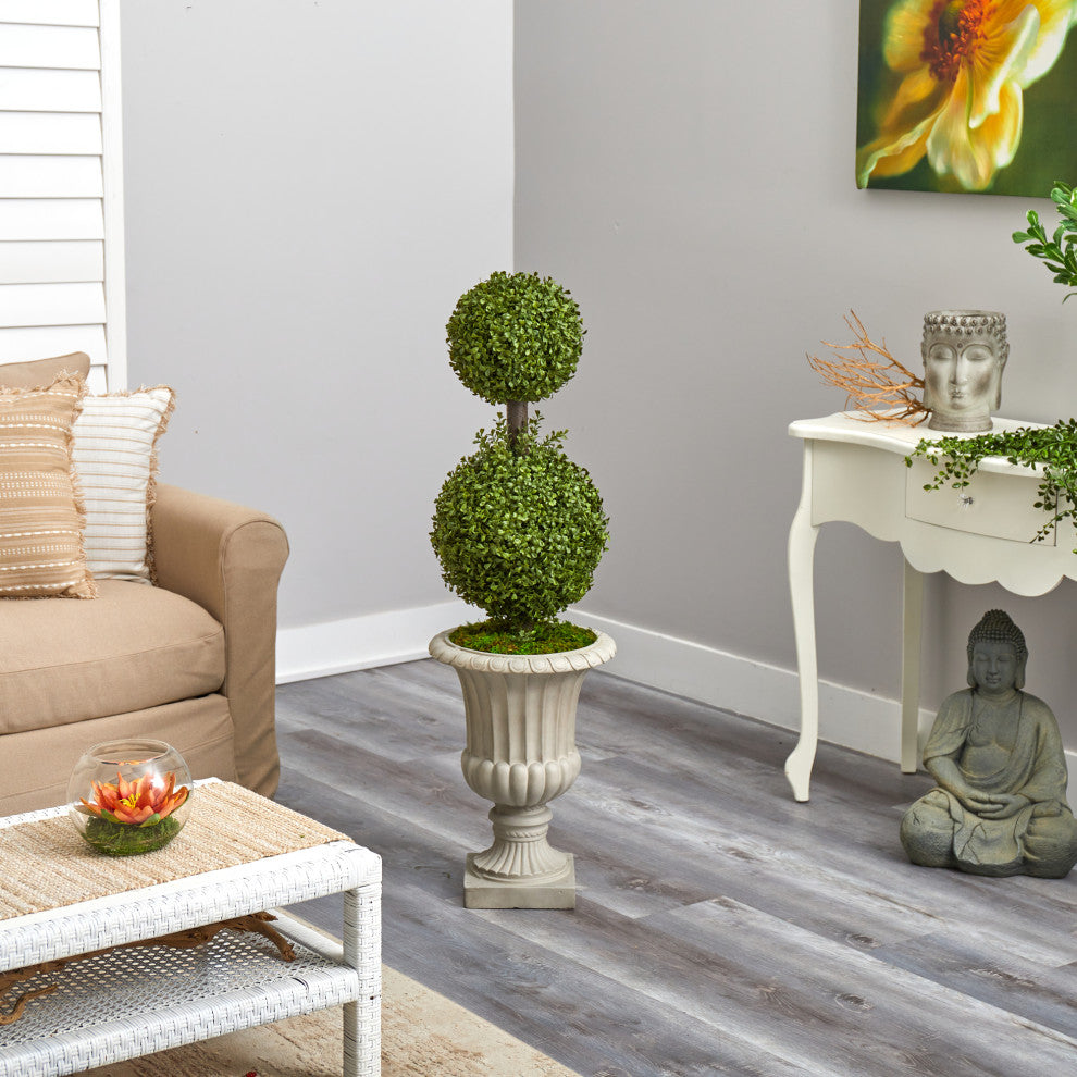 4'' Double Boxwood Topiary Artificial Tree, Sand Finished Urn