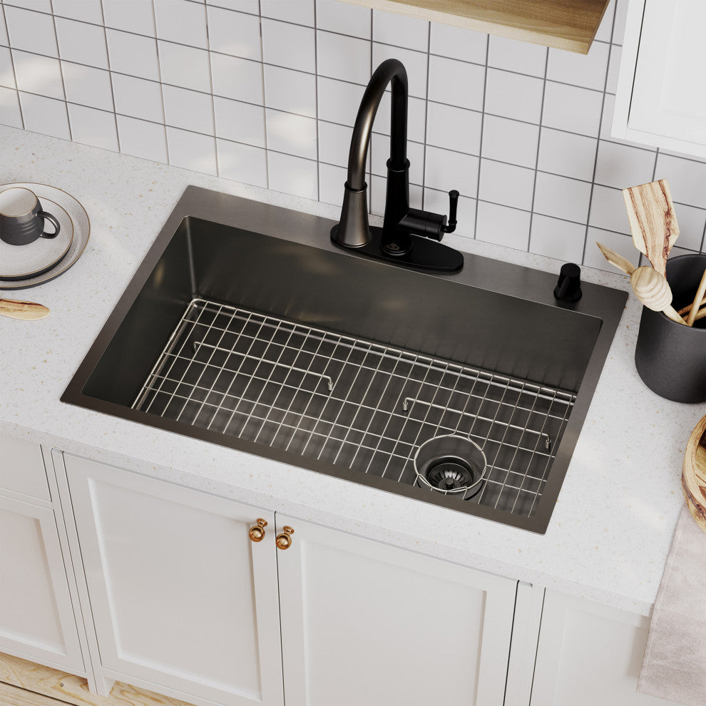 Drop-In Stainless Steel 33-inch 1-Hole Single Bowl Kitchen Sink in Nano PVD