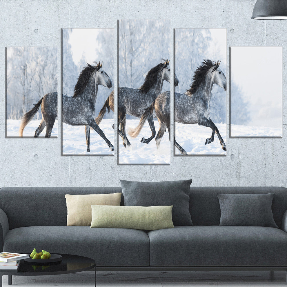 "Herd of Horses Run Across Snow" Landscape Print Wall Artwork, 5 Panels, 60"x32"