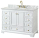 48" Single Bath Vanity, White, White Carrara Countertop, Sink, Gold Trim