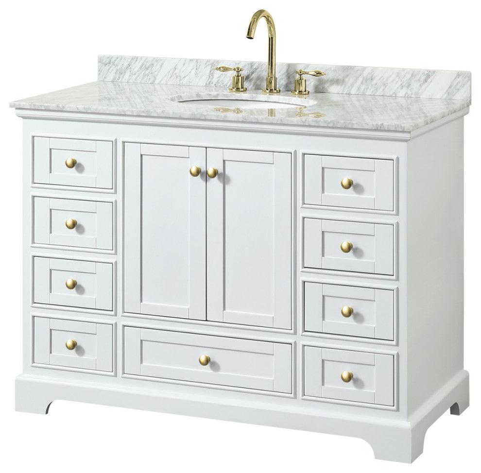 48" Single Bath Vanity, White, White Carrara Countertop, Sink, Gold Trim