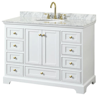 48" Single Bath Vanity, White, White Carrara Countertop, Sink, Gold Trim