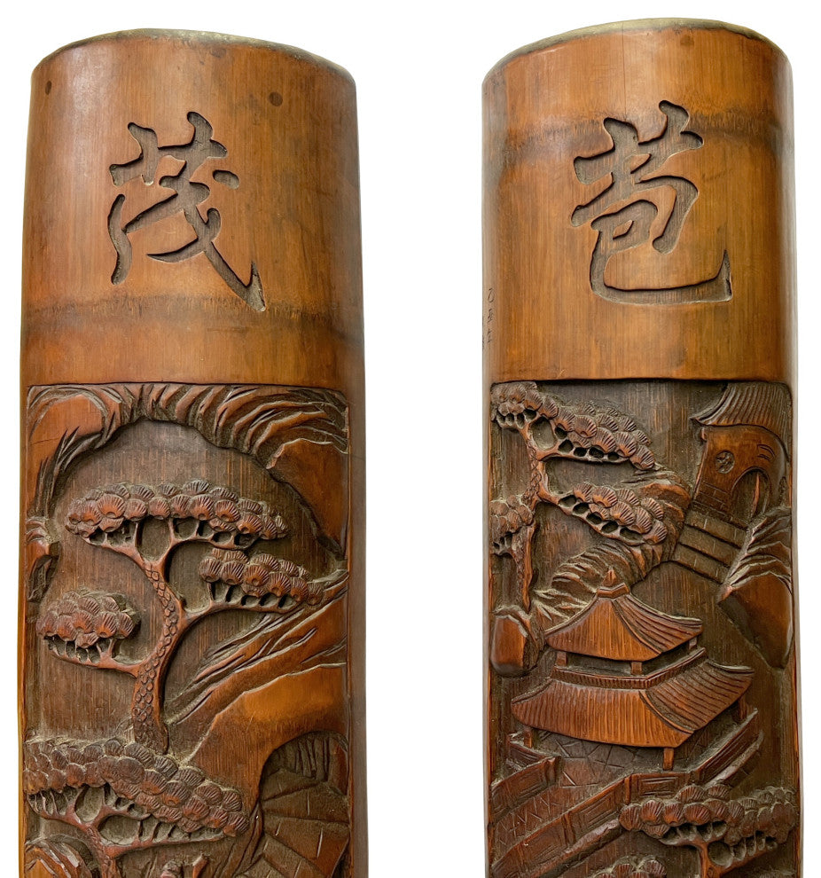 Pair Hand Carved Chinese Bamboo Calligraphy Landscape Panel Hws3048
