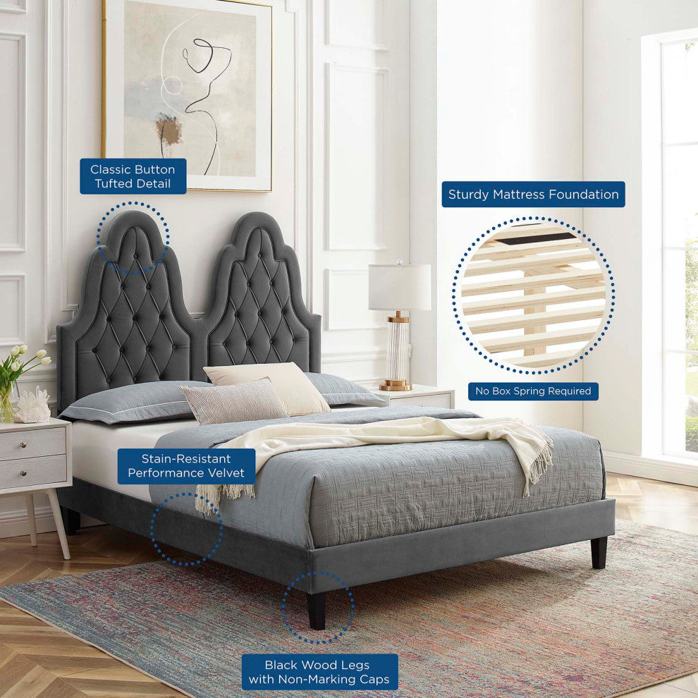 Tufted Platform Bed Frame, King Size, Velvet, Gray, Modern Contemporary