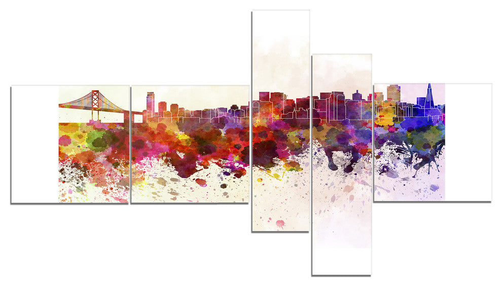 San Francisco Skyline, Cityscape Canvas Artwork Print, 60"x32", 5 panels