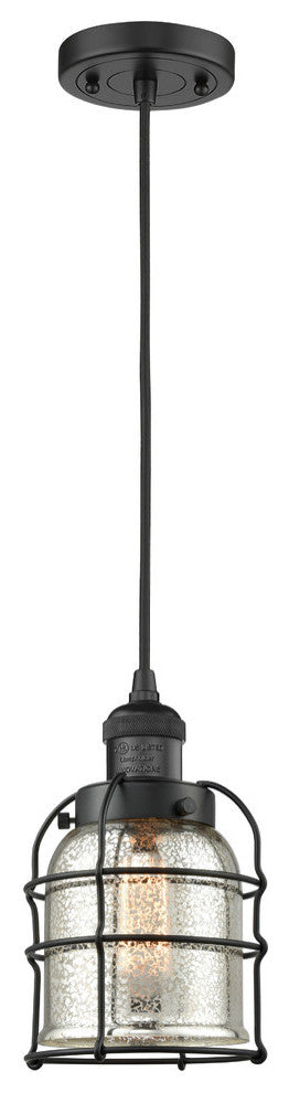 Small Bell 1-Light LED Cage Pendant, Matte Black, Glass: Silver Mercury
