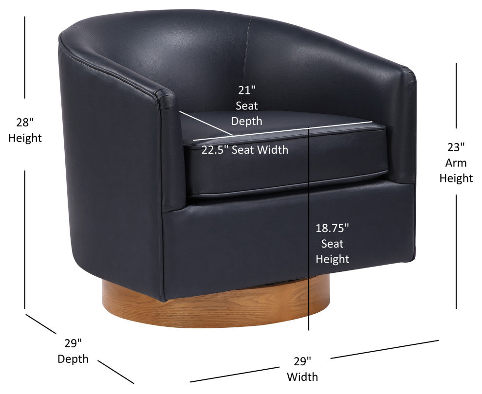 Irving Faux Leather Wood Base Barrel Swivel Chair, Midnight Blue