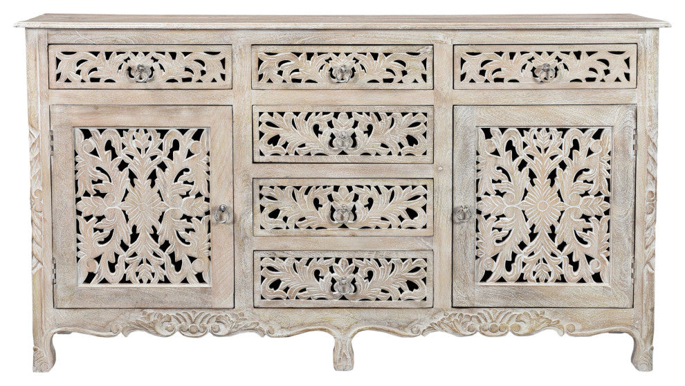Delaney Carved Sideboard, Distressed Off-White