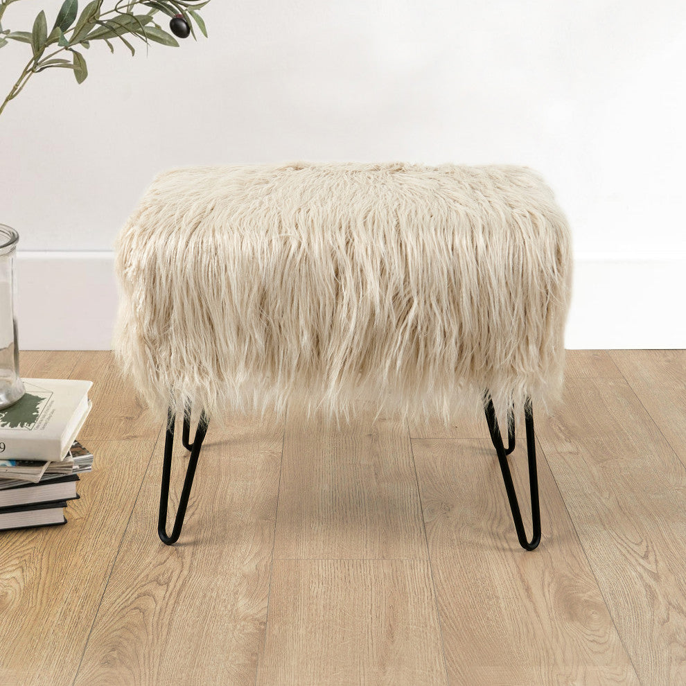 Mongolian Fur Ottoman, Oatmeal, 19''x13''x17''