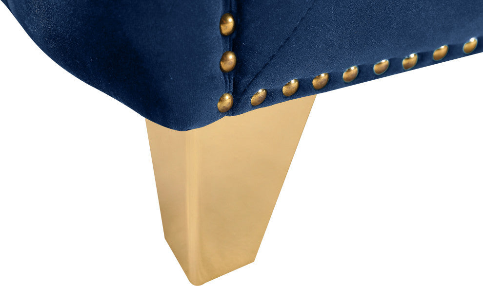 Michelle Fabric Upholstered Chair, Gold Iron Legs, Navy, Velvet, Loveseat