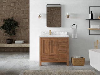 Malibu Teak 36" Left Offset Bath Vanity in Dark Natural 2" Carrara Marble
