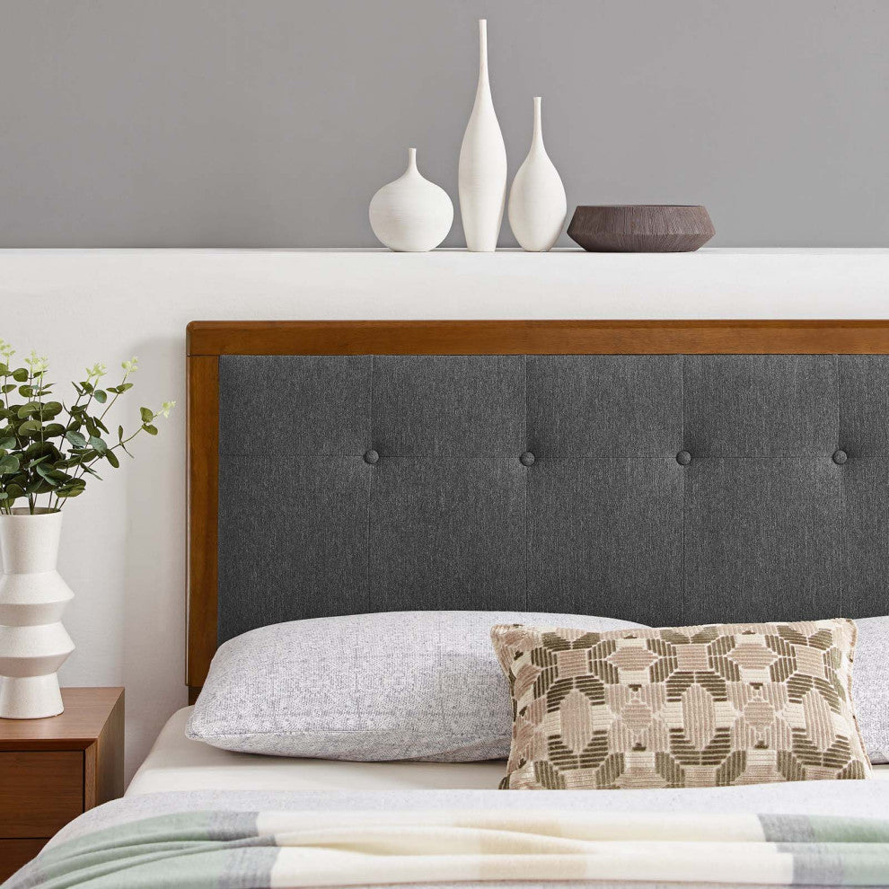Tufted Headboard, Full Size, Wood, Fabric, Brown Walnut Gray, Modern
