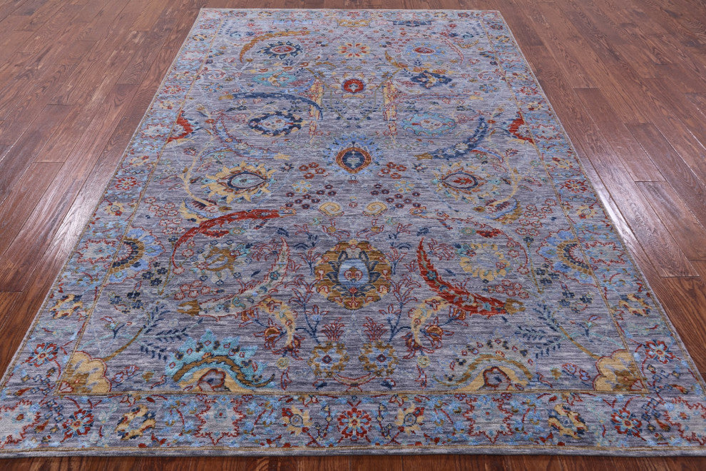 Persian Wool and Silk Sickle Leaf Design Hand Knotted Rug 6' 3" X 9' 1" Q8640
