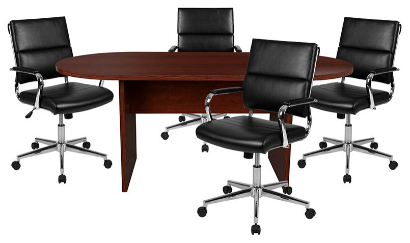 5 Piece Mahogany Oval Conference Table Set with 4 Black LeatherSoft Office Chair