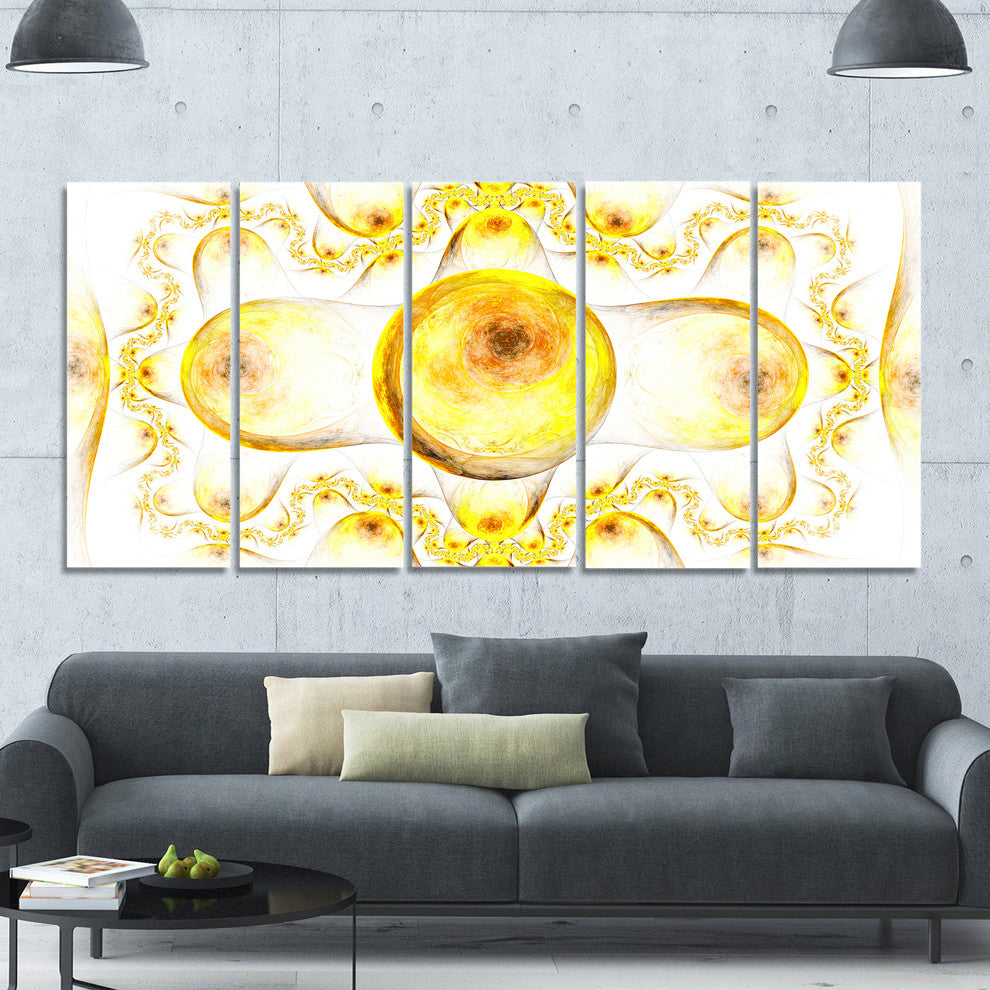 Yellow Exotic Pattern on White, Abstract Art on Canvas, 60"x28", 5 Panels
