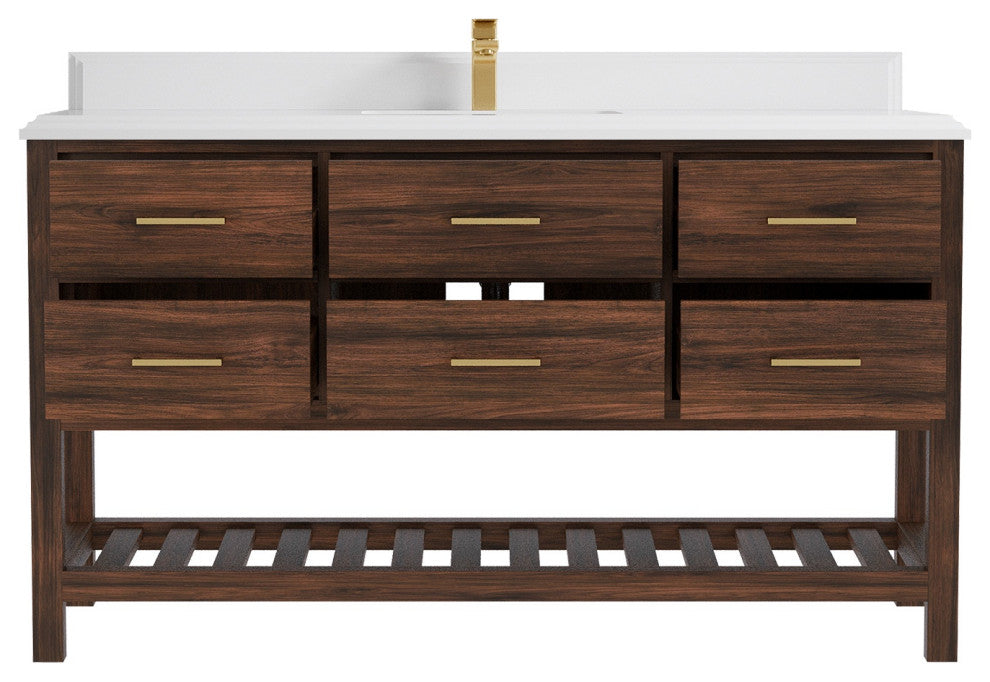 Parker Teak 60" Single Sink Bath Vanity in Dark Walnut 1.5" White Quartz