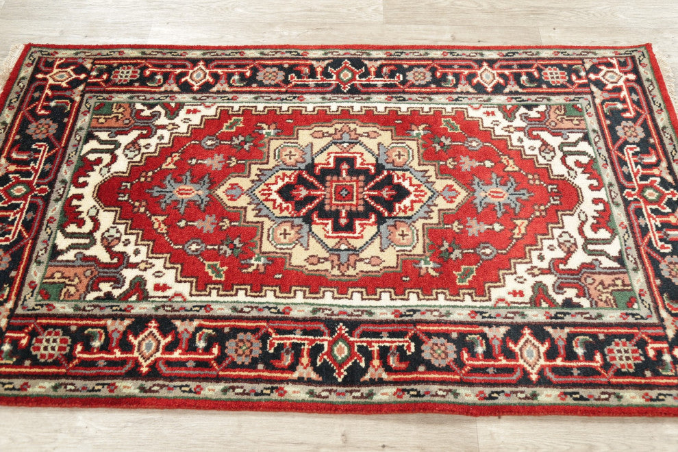 Hand-Knotted Oriental Traditional Indian Heriz Area Rug, Red, 5'1"x3'1