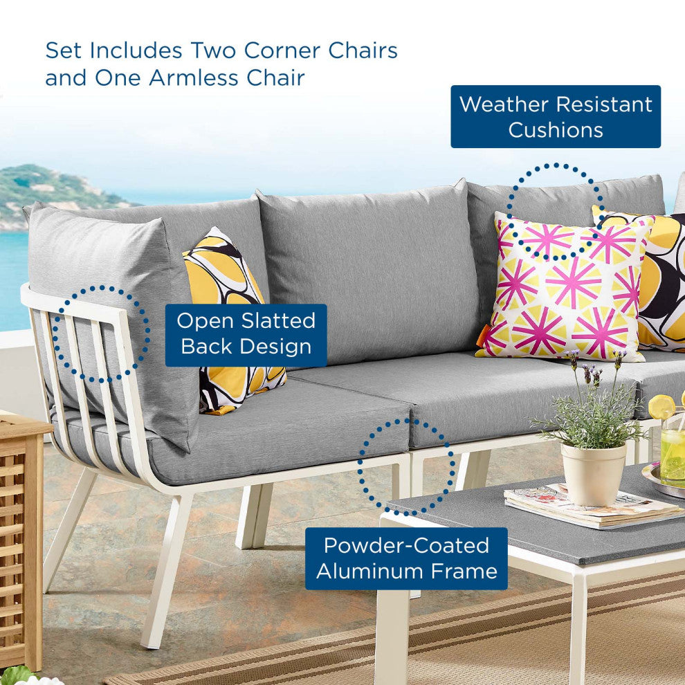 Lounge Sectional Sofa Chair Set, Aluminum, Metal, White Gray, Outdoor