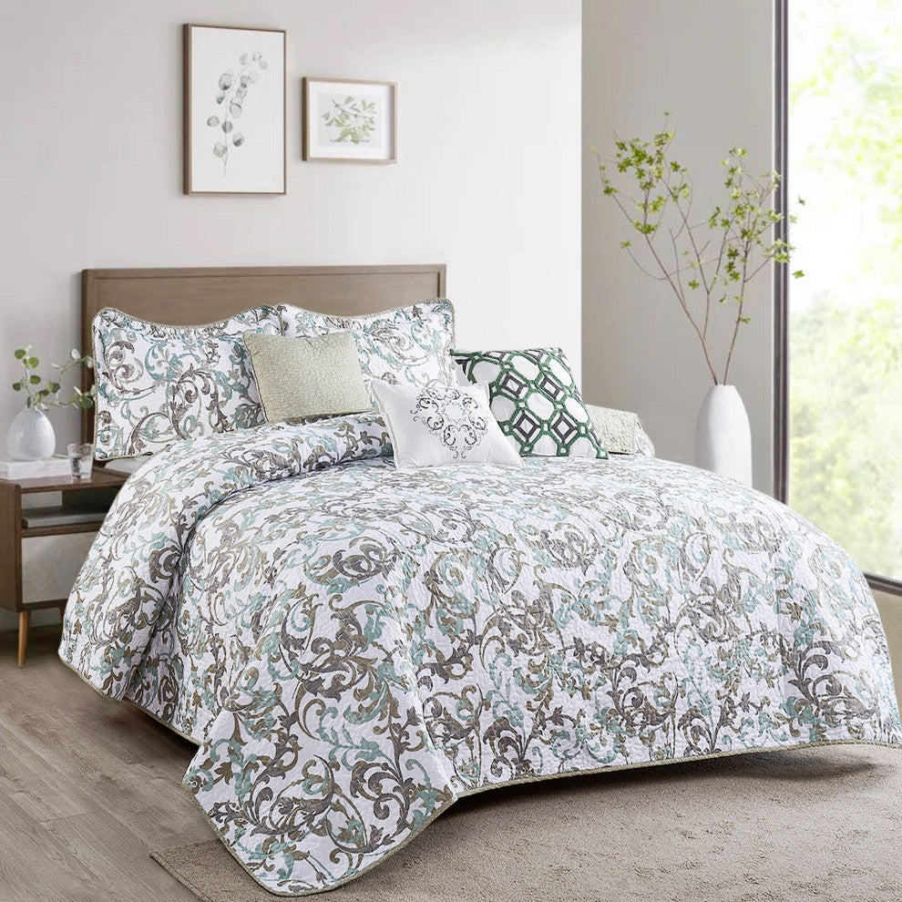 Serenta Ravello Scroll Printed Quilted 6 Piece Bed Spread Set, Teal / Turquoise, Queen