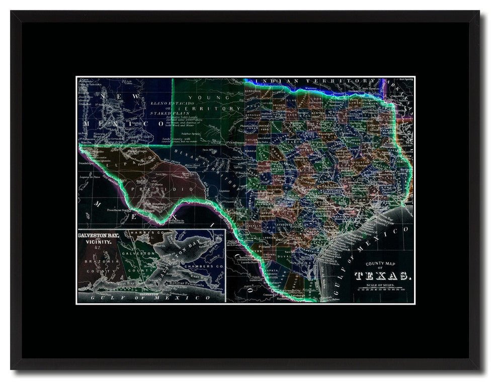 Texas Vintage Vivid Sepia Map Print On Canvas With Black Custom Frame, 16" X 21"