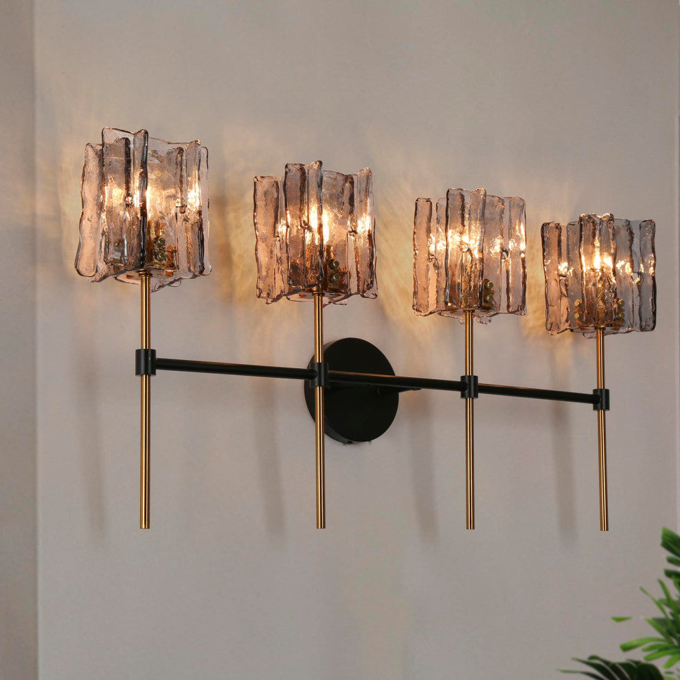 LNC Tucana Polished Gold and Matte Black Modern Wall Sconce, Textured Glass, 4 Lights