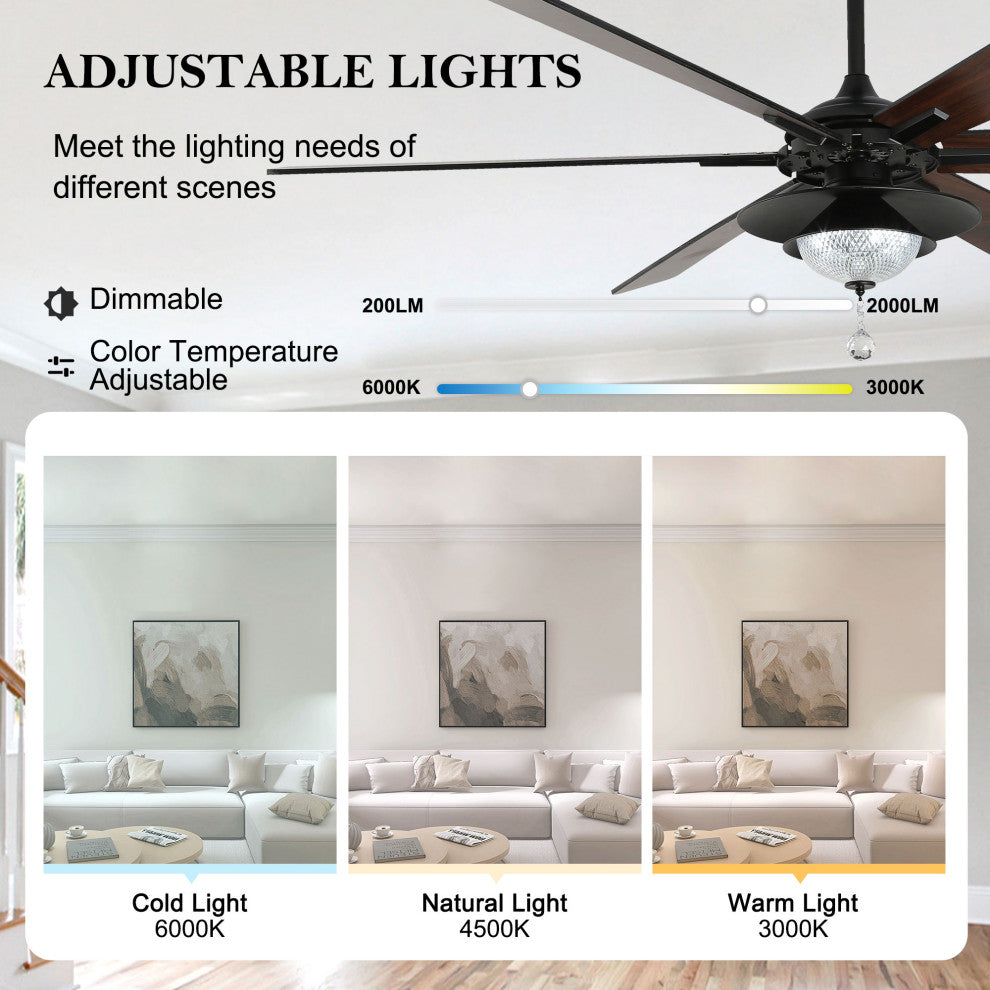 72" Antique Lagre Ceiling Fan, Wood Blades and LED Lights Kit w Crystal Shade, Gold