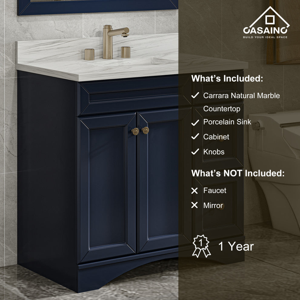 Single Sink Bath Vanity in Navy Blue with White Marble Top and Basin, 36in