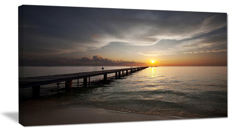 "Long Boardwalk Into The Sunset Sea" Sea Bridge Canvas Art Print, 32"x16"