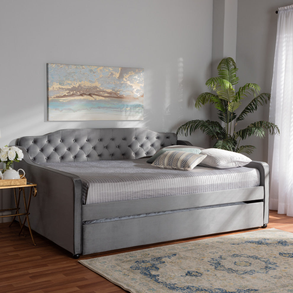 Hadgeon Gray Velvet Full Daybed With Trundle