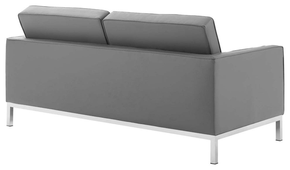 Tufted Armchair and Loveseat Sofa Set, Faux Leather, Silver Gray, Modern