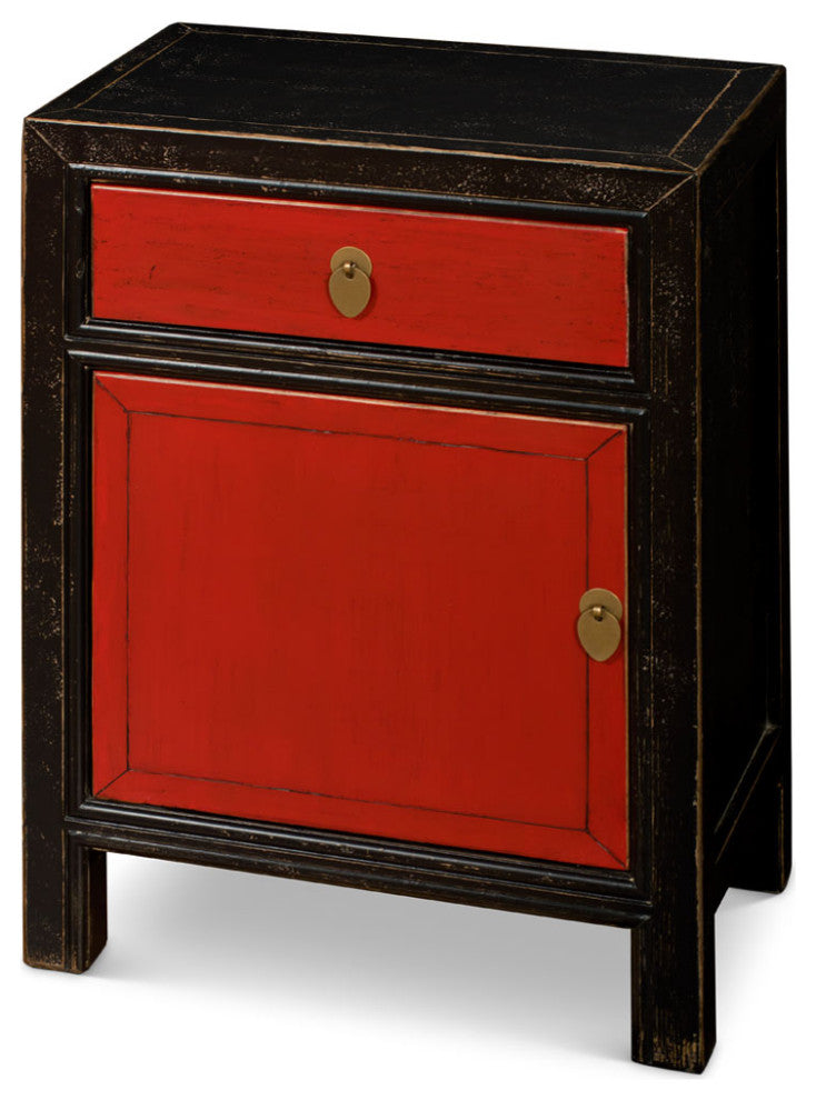 Distressed Black and Red Elmwood Petite Peking Asian Cabinet