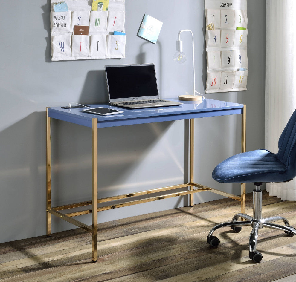 Midriaks Writing Desk WithUSB, Navy Blue and Gold Finish