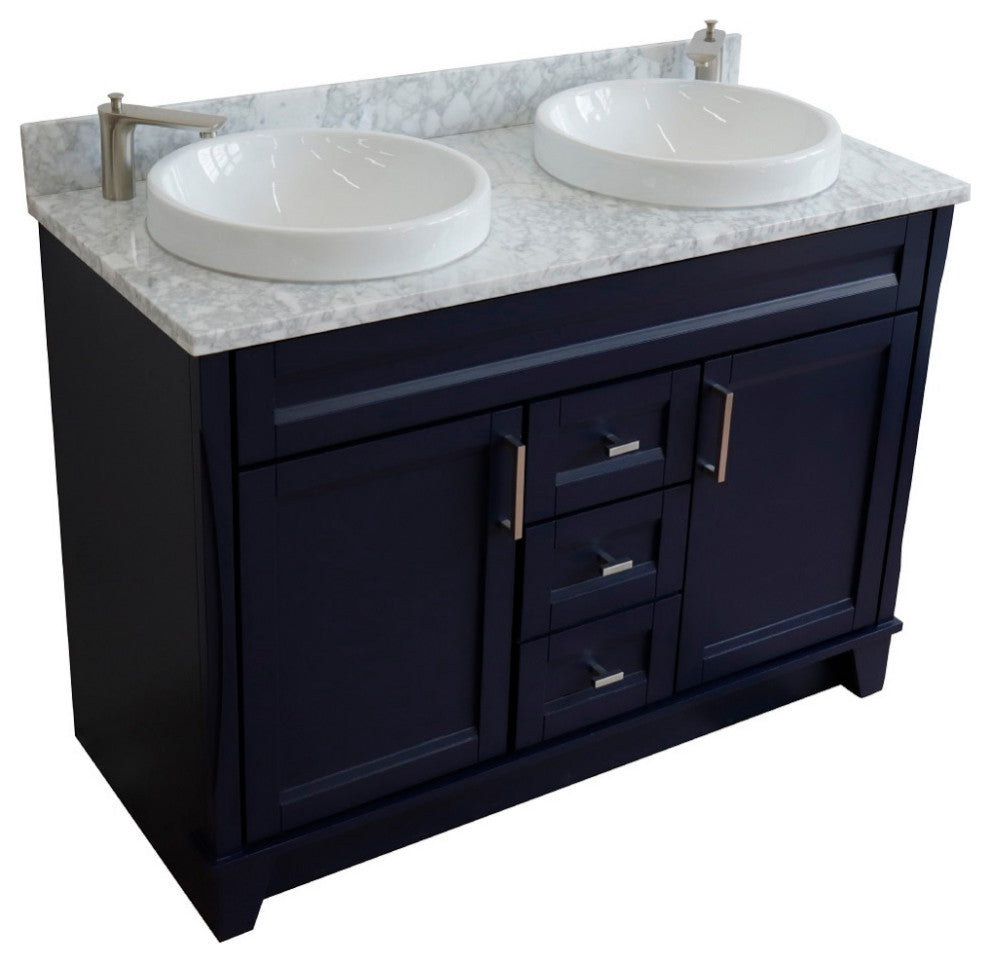 48" Double Sink Vanity, Blue Finish With White Carrara Marble And Round Sink