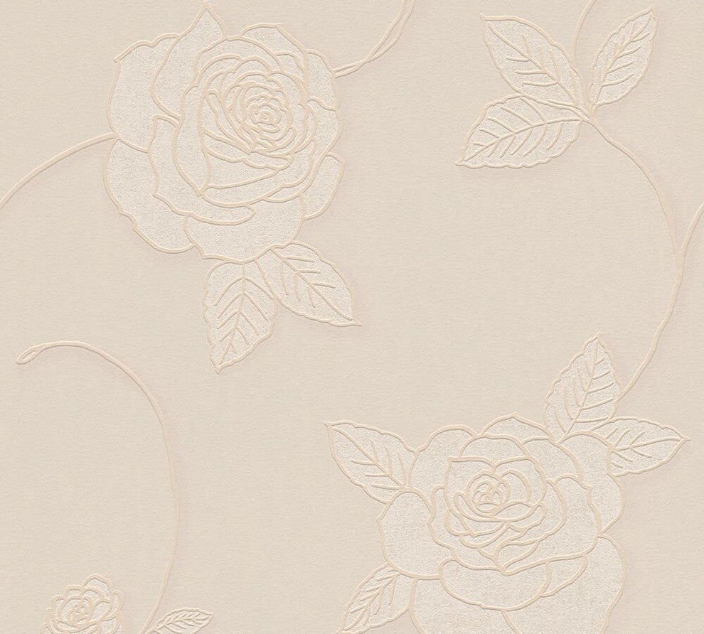 Moments, Baroque Motifs, Flowers And Garlands Beige Wallpaper Roll, Modern