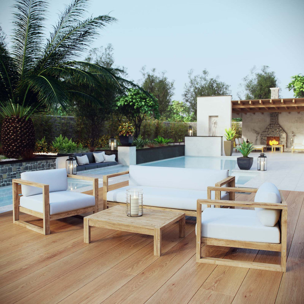 Sectional Sofa Chair Table Set, White Natural, Teak Wood, Modern, Outdoor Patio