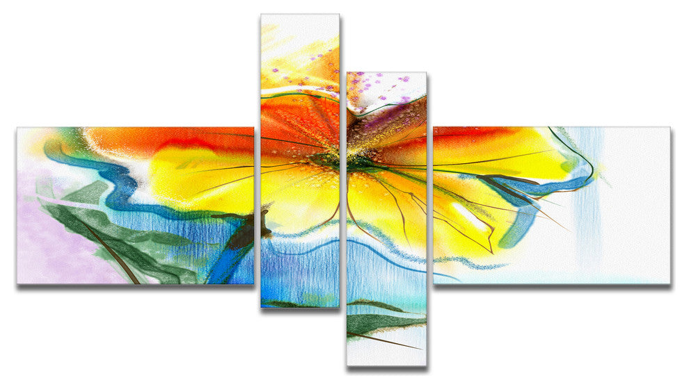 Hand Painted Yellow Pink Red Daisies, Floral Canvas Art Print, 60"x32", 4 panels